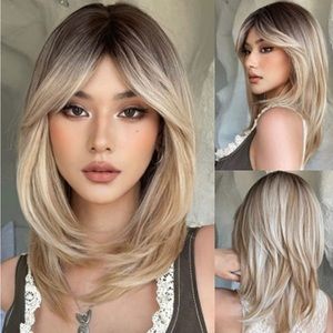 Shoulder Length Wig with­ Dark Roots, Layered Synthetic Hair Wig with Fringe